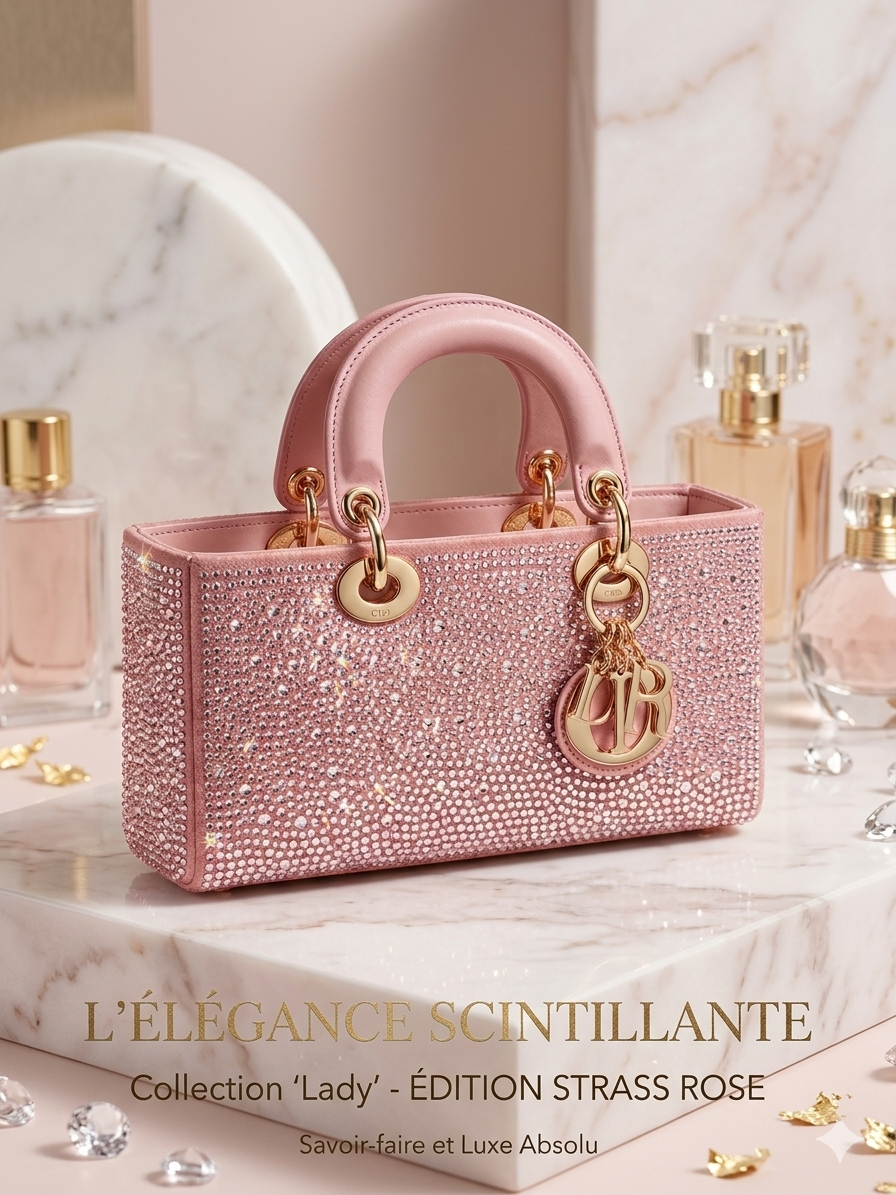 Sac à main luxe rose avec strass et finitions dorées