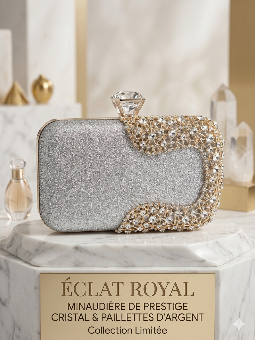 Sac Minaudière Luxe Argent &amp; Cristaux – Élégance Absolue